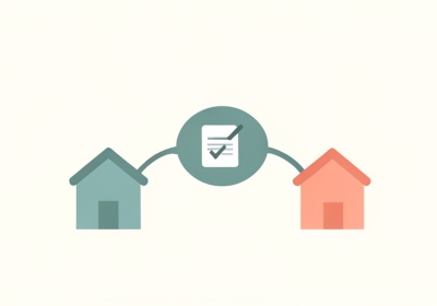 Illustration of two houses connected to a central document with a check mark, representing shared co-parenting records