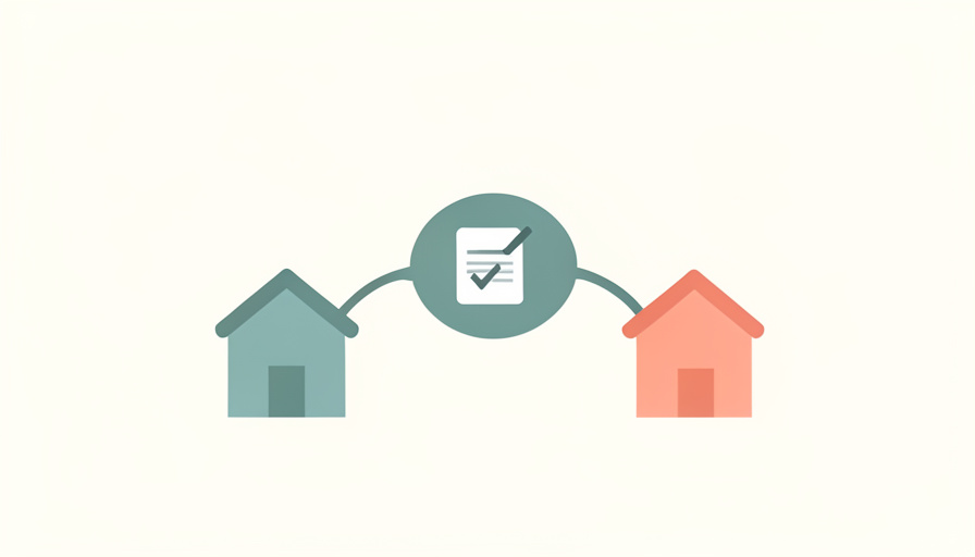 Illustration of two houses connected to a central document with a check mark, representing shared co-parenting records
