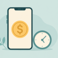 Flat illustration of a smartphone showing a dollar coin next to a clock representing a fast paycheck advance