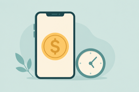 Flat illustration of a smartphone showing a dollar coin next to a clock representing a fast paycheck advance