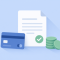 Flat illustration of a payment card, a statement document with a checkmark, and a stack of coins
