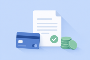 Flat illustration of a payment card, a statement document with a checkmark, and a stack of coins
