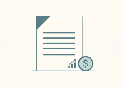 Illustration of an invoice document with a coin and a small growth chart, representing small-business accounting software