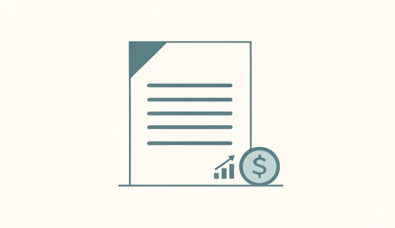 Illustration of an invoice document with a coin and a small growth chart, representing small-business accounting software