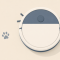 Flat illustration of a round robot vacuum seen from above beside a pet paw print