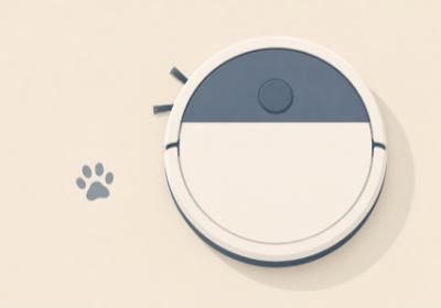 Flat illustration of a round robot vacuum seen from above beside a pet paw print