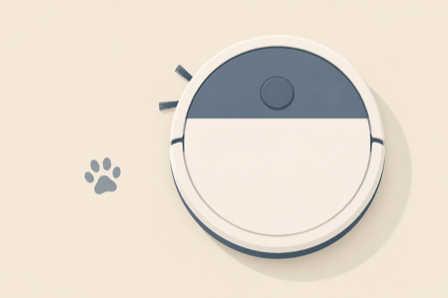 Flat illustration of a round robot vacuum seen from above beside a pet paw print