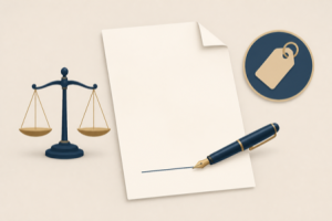 Flat illustration of scales of justice, a blank legal document with a fountain pen, and a price-tag icon