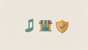 Flat illustration of a storefront with a music note and a shield checkmark representing licensed background music