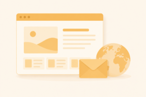 Flat illustration of a browser window with an envelope and a globe representing a blog and newsletter on your own domain