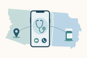 Flat illustration of a phone with a stethoscope video-call icon, a location pin, and a prescription bottle across two state shapes
