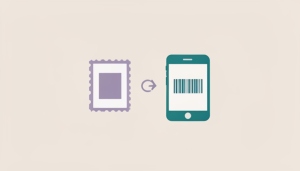 Flat illustration of a ticket stub, a transfer arrow, and a phone showing a barcode