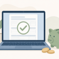 Flat illustration of a laptop showing a blank tax form with a green checkmark, a piggy bank, and coins