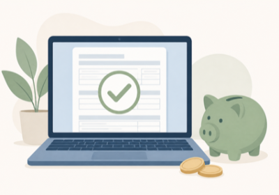 Flat illustration of a laptop showing a blank tax form with a green checkmark, a piggy bank, and coins