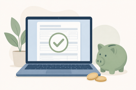 Flat illustration of a laptop showing a blank tax form with a green checkmark, a piggy bank, and coins