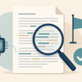Flat illustration of a document scanned by a magnifying glass with an AI chip icon, a flag, and a checkmark