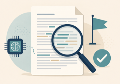 Flat illustration of a document scanned by a magnifying glass with an AI chip icon, a flag, and a checkmark