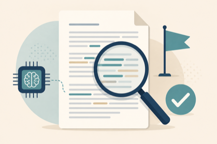 Flat illustration of a document scanned by a magnifying glass with an AI chip icon, a flag, and a checkmark