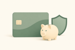Flat illustration of a debit card, a piggy bank, and a shield representing a teen money app with parental controls