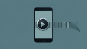 A video play button and rewind symbol emerging from a smartphone, symbolizing old footage resurfacing