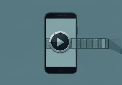 A video play button and rewind symbol emerging from a smartphone, symbolizing old footage resurfacing