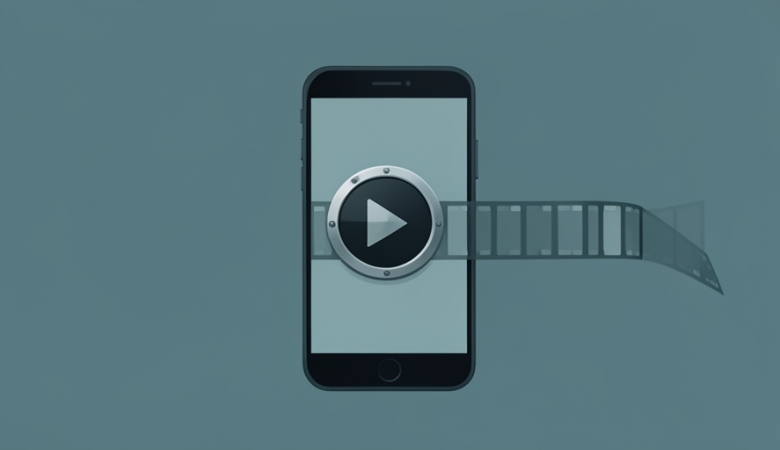 A video play button and rewind symbol emerging from a smartphone, symbolizing old footage resurfacing