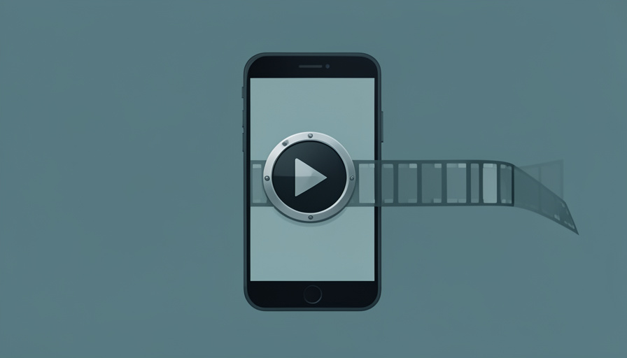 A video play button and rewind symbol emerging from a smartphone, symbolizing old footage resurfacing