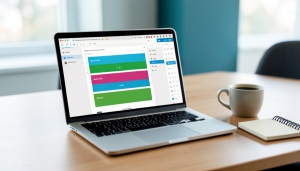 A laptop showing the WordPress block editor with reusable page section blocks, on a desk with a notebook