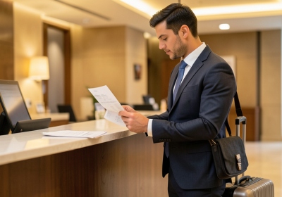 A business traveler at a hotel front desk reviewing a printed invoice with a laptop bag beside them