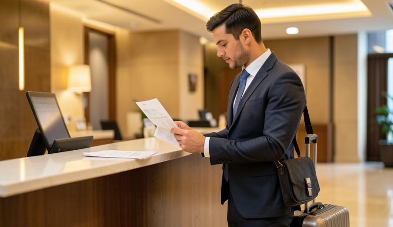 A business traveler at a hotel front desk reviewing a printed invoice with a laptop bag beside them