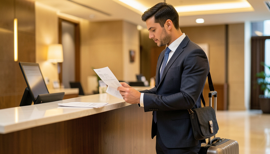 A business traveler at a hotel front desk reviewing a printed invoice with a laptop bag beside them