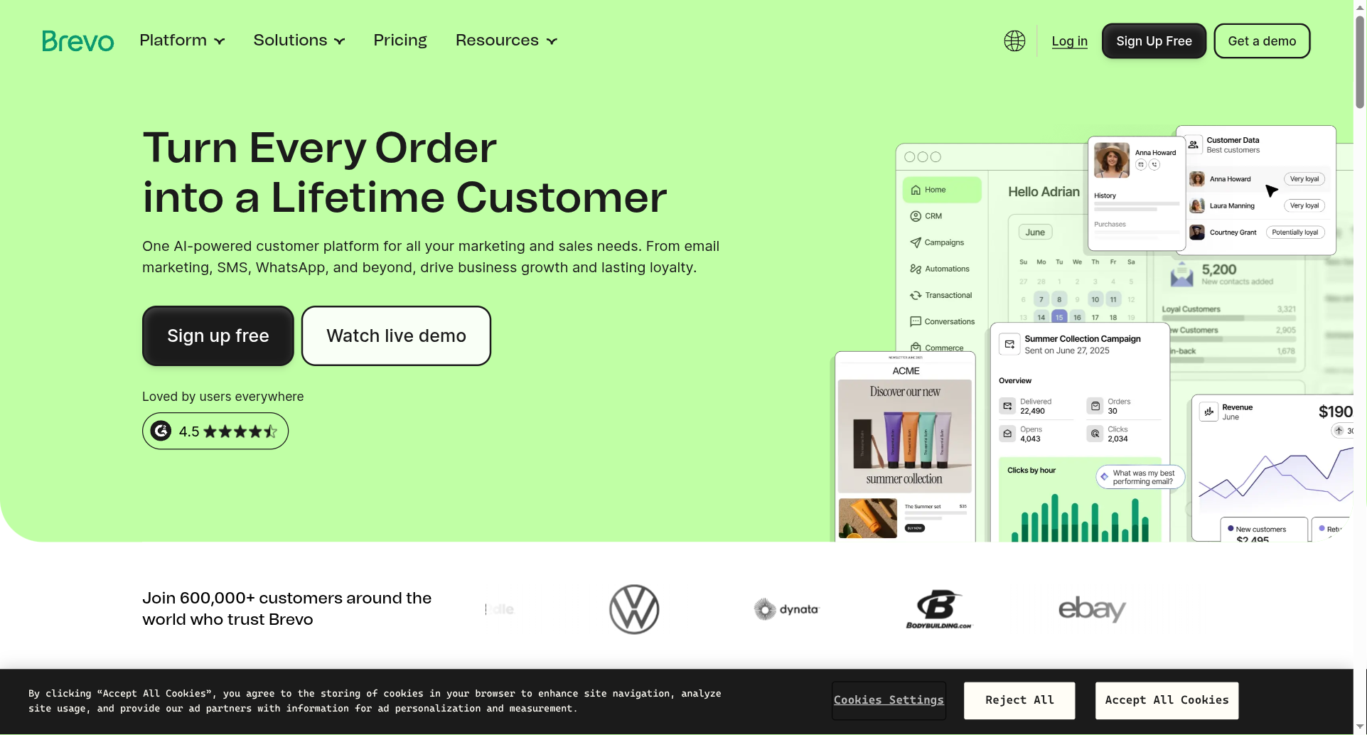 Brevo homepage describing an all-in-one marketing and sales platform