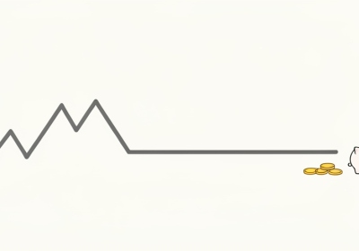A jagged up-and-down income line smoothing into a steady flat line beside a piggy bank and coins