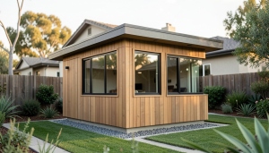 A modern backyard accessory dwelling unit next to a main house