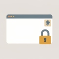 Flat illustration of a browser window with a puzzle-piece extension badge and a padlock icon
