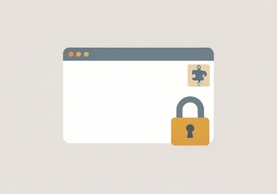 Flat illustration of a browser window with a puzzle-piece extension badge and a padlock icon