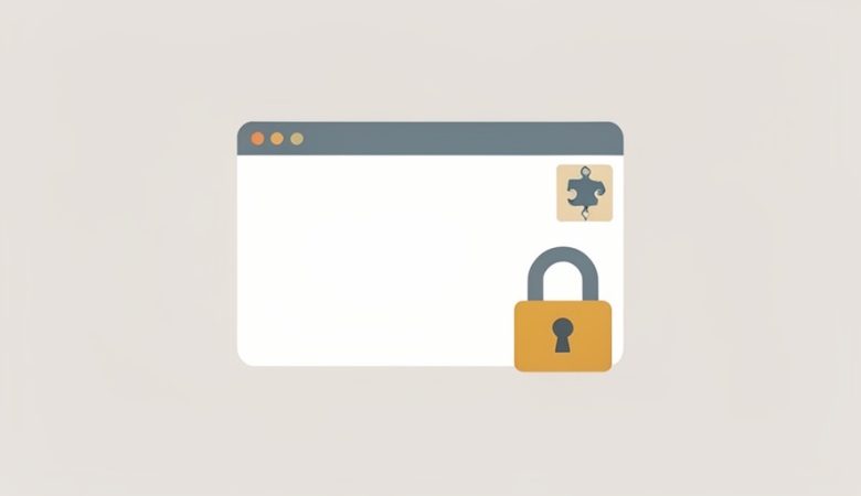 Flat illustration of a browser window with a puzzle-piece extension badge and a padlock icon