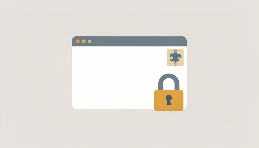 Flat illustration of a browser window with a puzzle-piece extension badge and a padlock icon