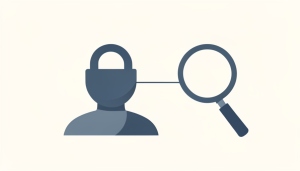 Illustration of a padlock over a generic profile avatar linked to a magnifying glass, representing a private account in search