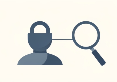Illustration of a padlock over a generic profile avatar linked to a magnifying glass, representing a private account in search