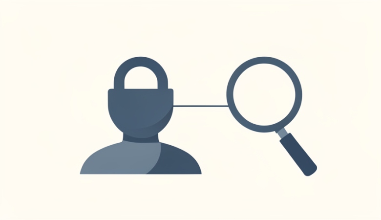Illustration of a padlock over a generic profile avatar linked to a magnifying glass, representing a private account in search