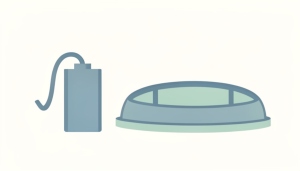 Illustration of a portable power bank with a charging cable beside a simple stadium silhouette
