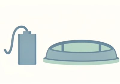 Illustration of a portable power bank with a charging cable beside a simple stadium silhouette