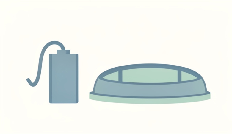 Illustration of a portable power bank with a charging cable beside a simple stadium silhouette