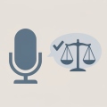 Flat illustration of a microphone beside a speech bubble with a checkmark and a set of legal scales