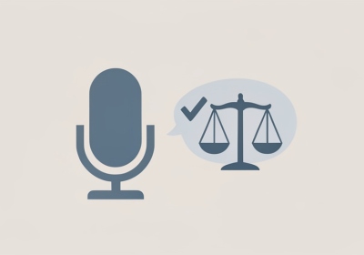 Flat illustration of a microphone beside a speech bubble with a checkmark and a set of legal scales