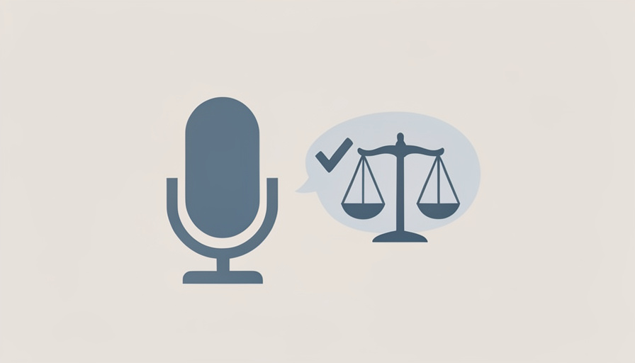 Flat illustration of a microphone beside a speech bubble with a checkmark and a set of legal scales