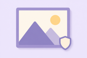 Flat illustration of a framed picture with a small shield badge representing copyright risk on AI-generated images