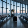 A nearly empty airport departure gate at dusk with a single suitcase and rows of empty seats