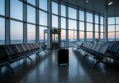 A nearly empty airport departure gate at dusk with a single suitcase and rows of empty seats
